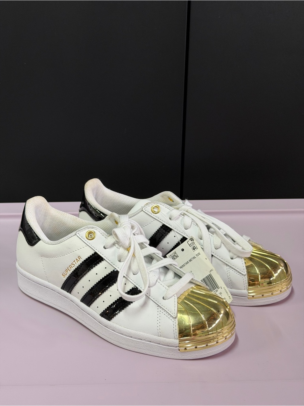 adidas Women's White Black Sneakers with Gold Shell Toe